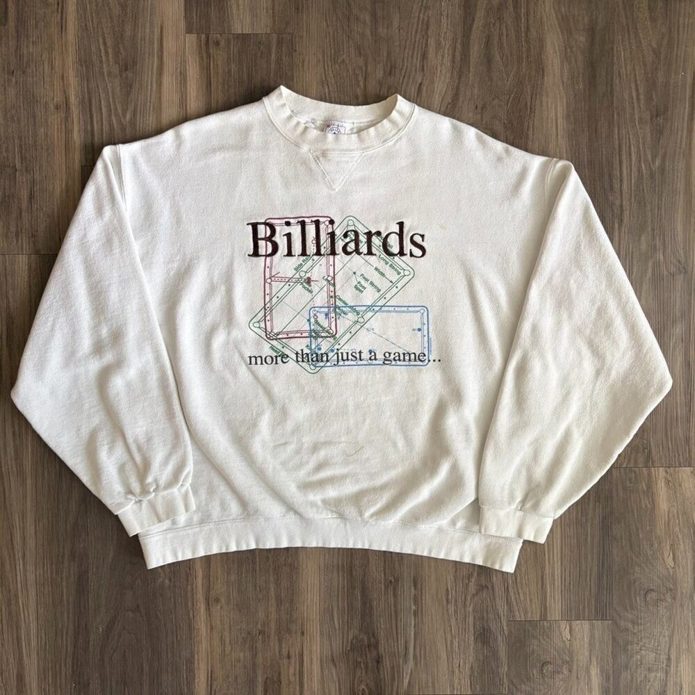 Vintage Billiards Crewneck Sweatshirt Men's Size L Boxy 1980s White Worn